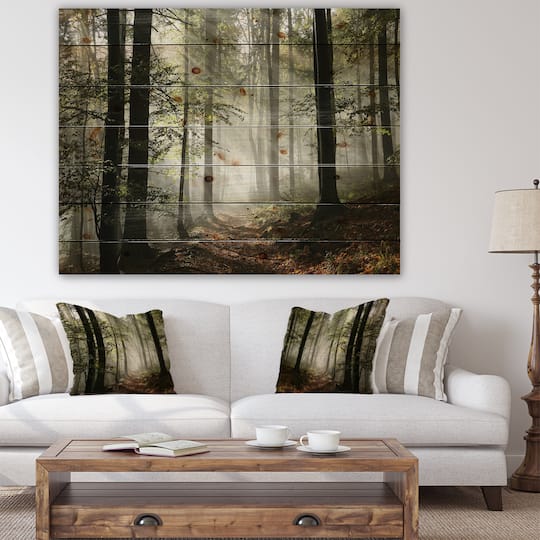 Designart - Light in Dense Fall Forest with Fog - Landscape Print on Natural Pine Wood
